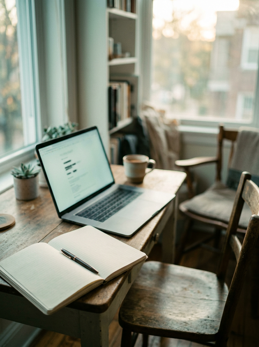 A laptop and notebook on a desk with an empty chair beside it (generated illustration)