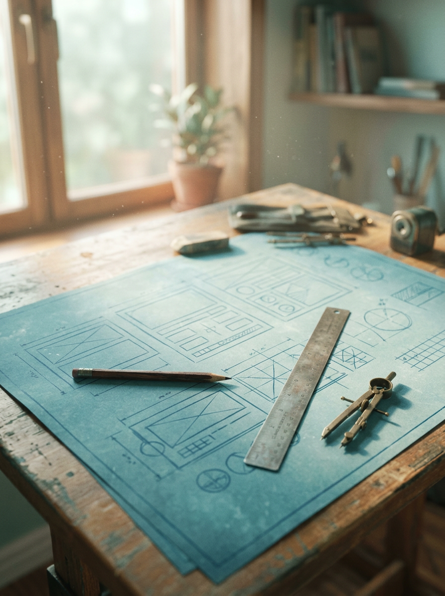 A teal blueprint of dashboard layouts with a pencil and ruler (generated illustration)
