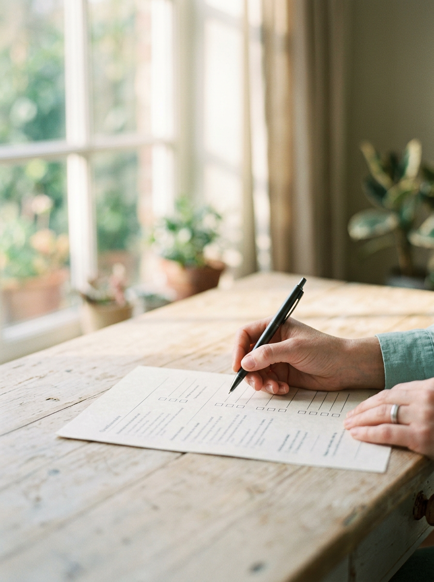 A hand filling in a paper questionnaire at a sunlit desk (generated illustration)