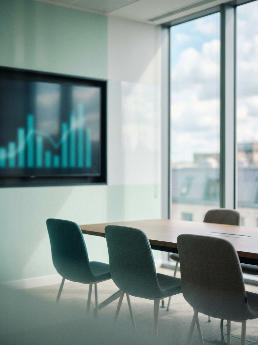 A wall screen with abstract bar charts in an empty meeting room (generated illustration)