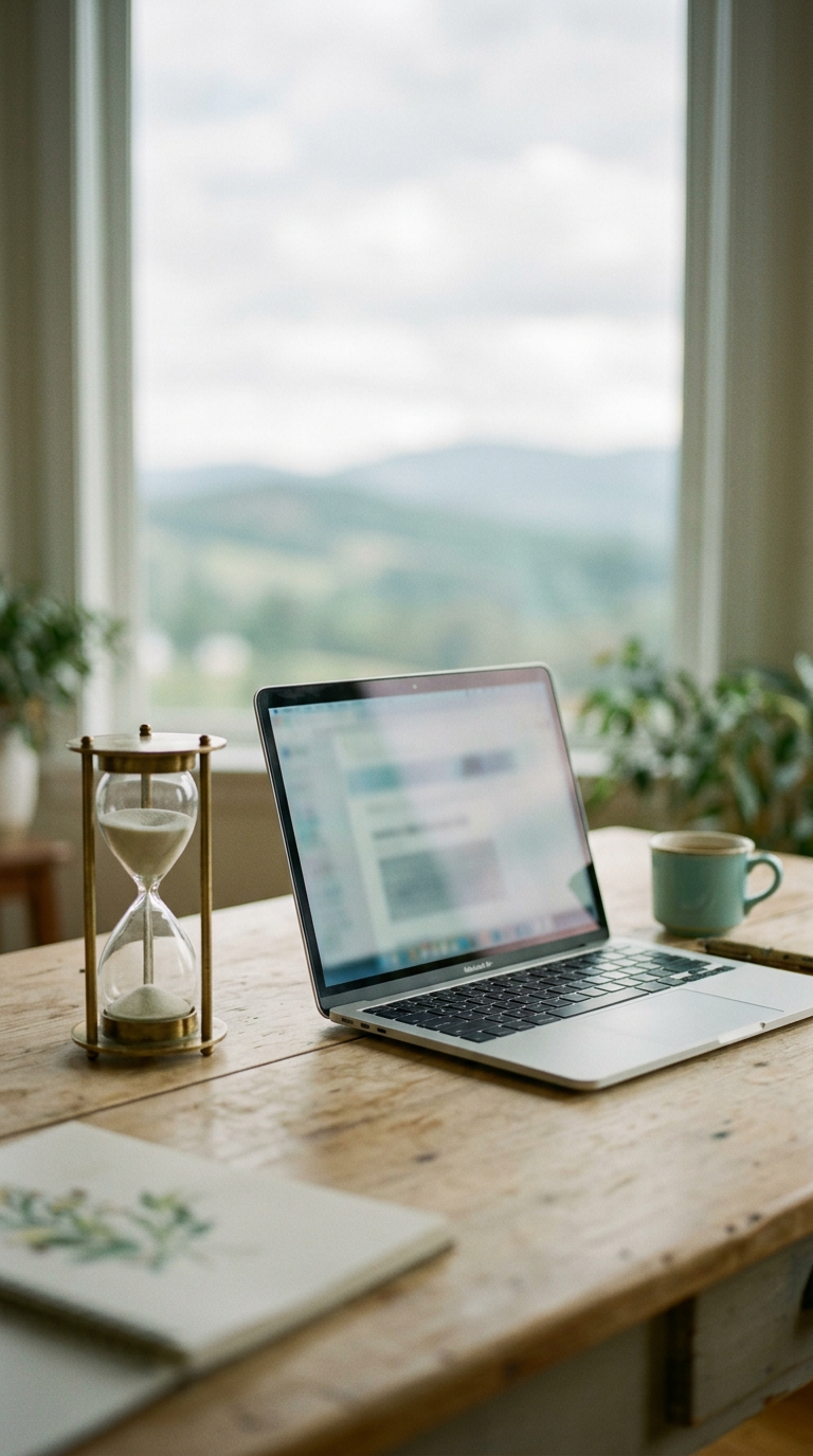 A sand timer beside an open laptop near a window (generated illustration)