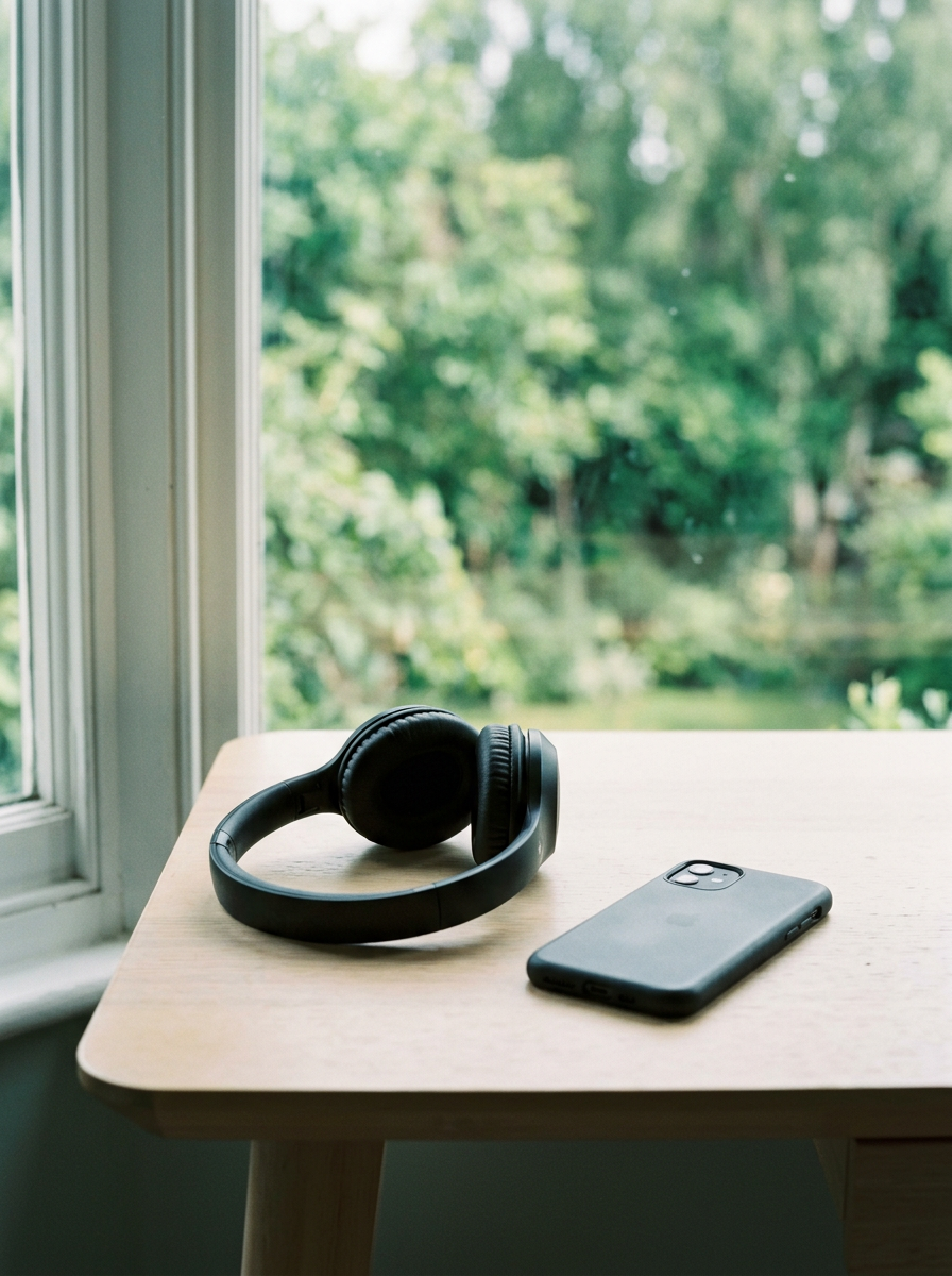 A closed headset and a face-down phone on a desk (generated illustration)
