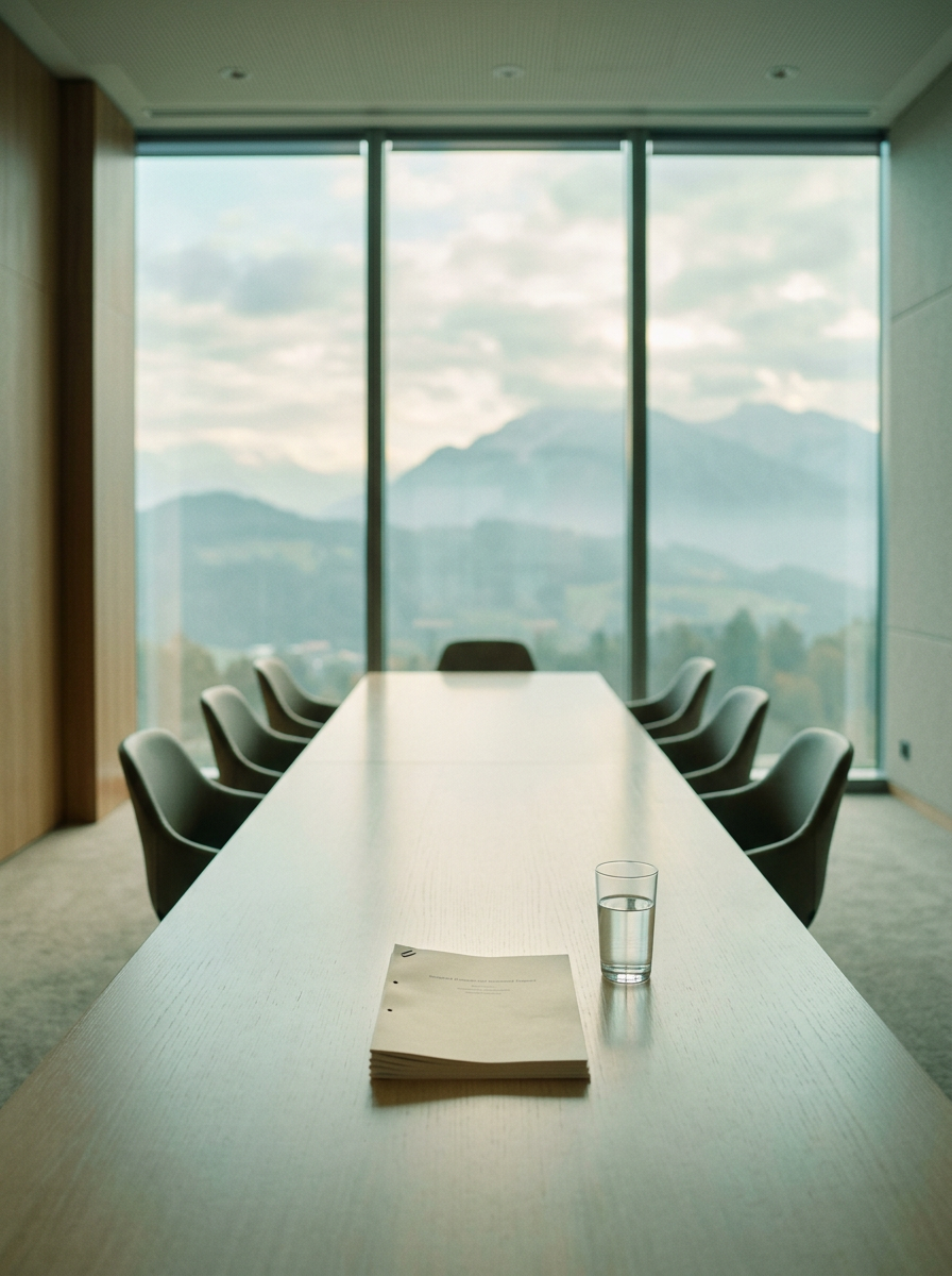 A printed report on a long boardroom table facing mountains (generated illustration)