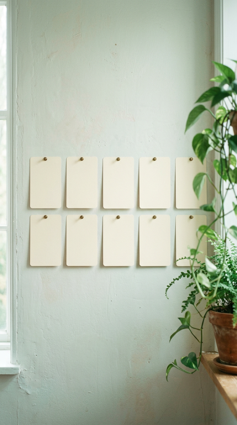 Ten blank cards pinned in two rows on a wall (generated illustration)